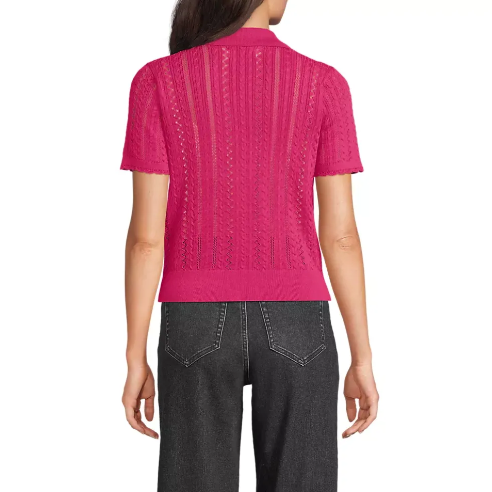 Women's Fine Gauge Cotton Pointelle Polo Sweater