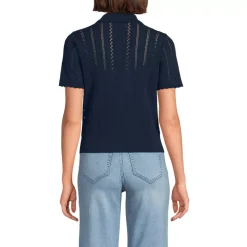 Women's Fine Gauge Cotton Pointelle Polo Sweater