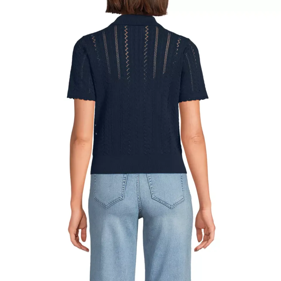 Women's Fine Gauge Cotton Pointelle Polo Sweater