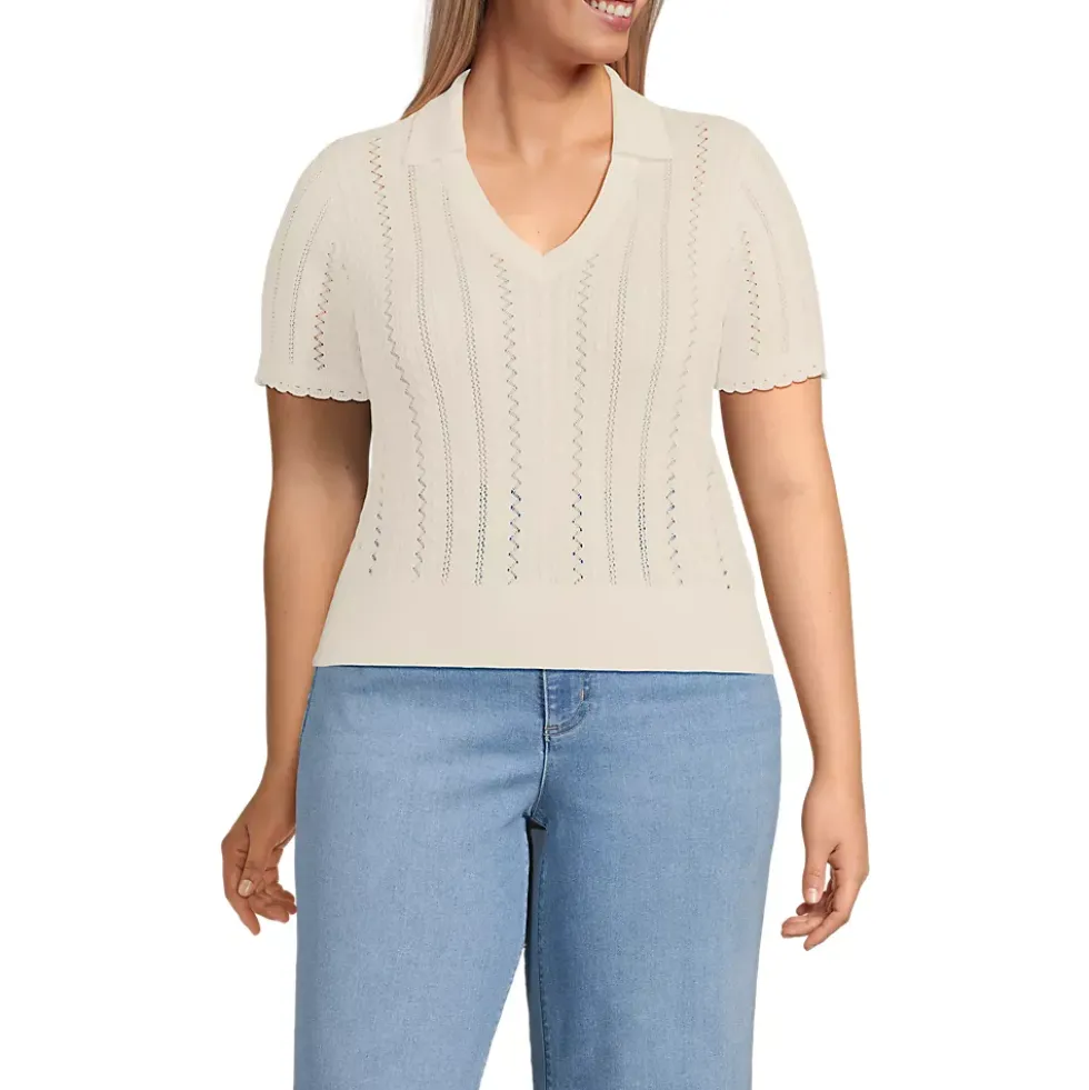 Women's Fine Gauge Cotton Pointelle Polo Sweater