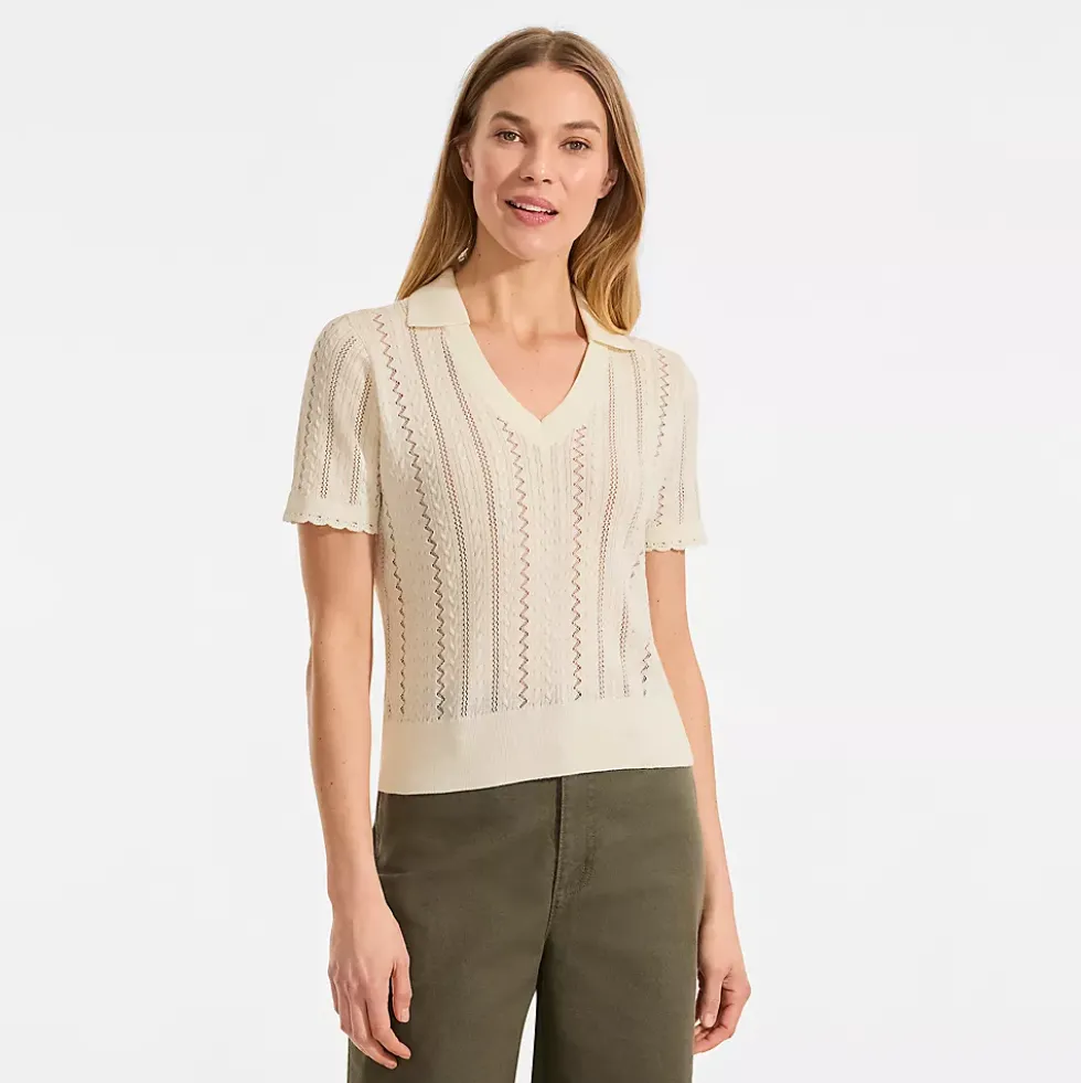 Women's Fine Gauge Cotton Pointelle Polo Sweater