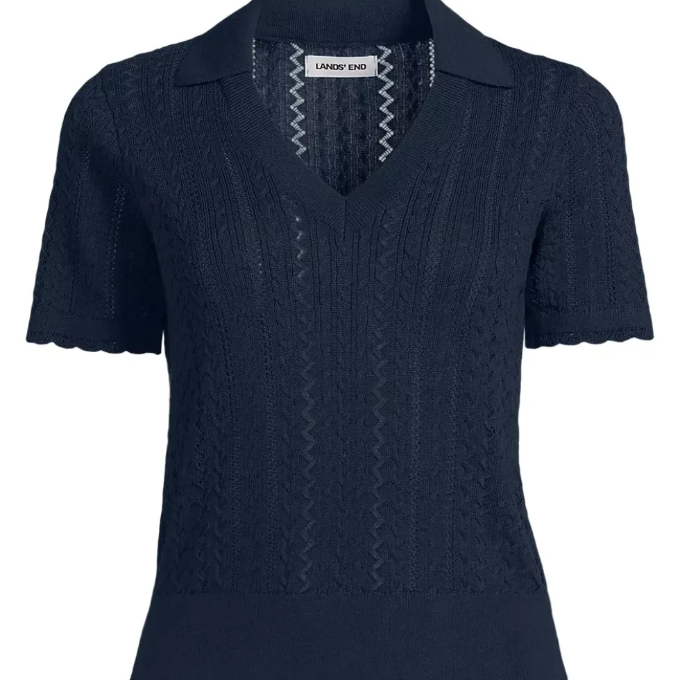 Women's Fine Gauge Cotton Pointelle Polo Sweater