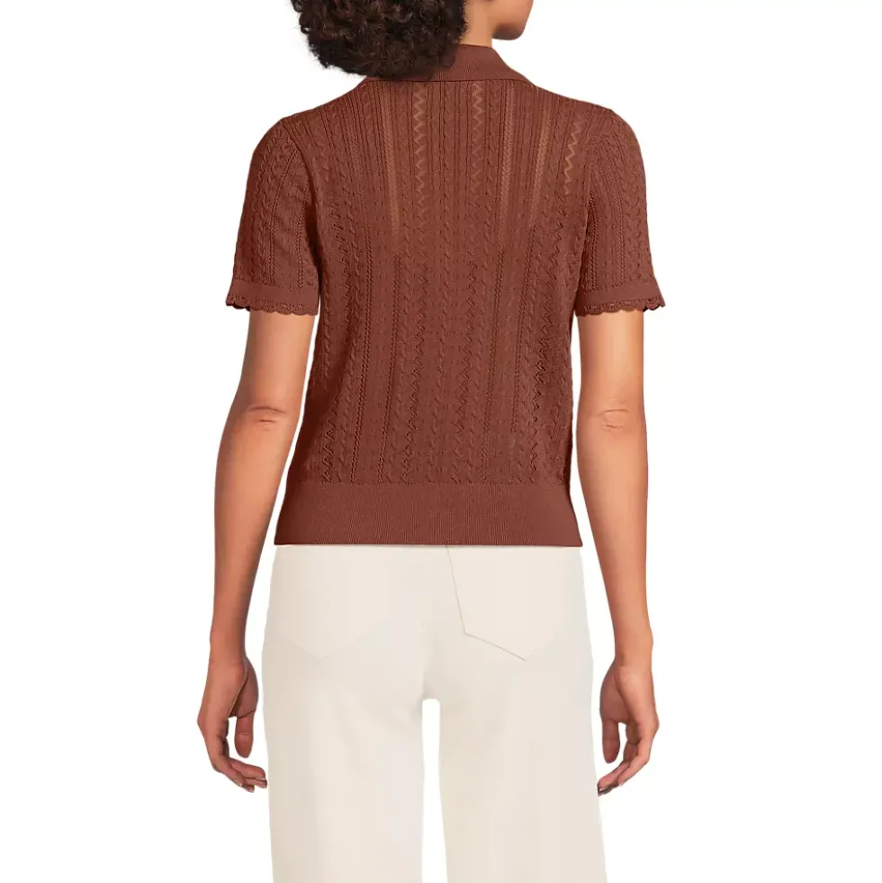 Women's Fine Gauge Cotton Pointelle Polo Sweater