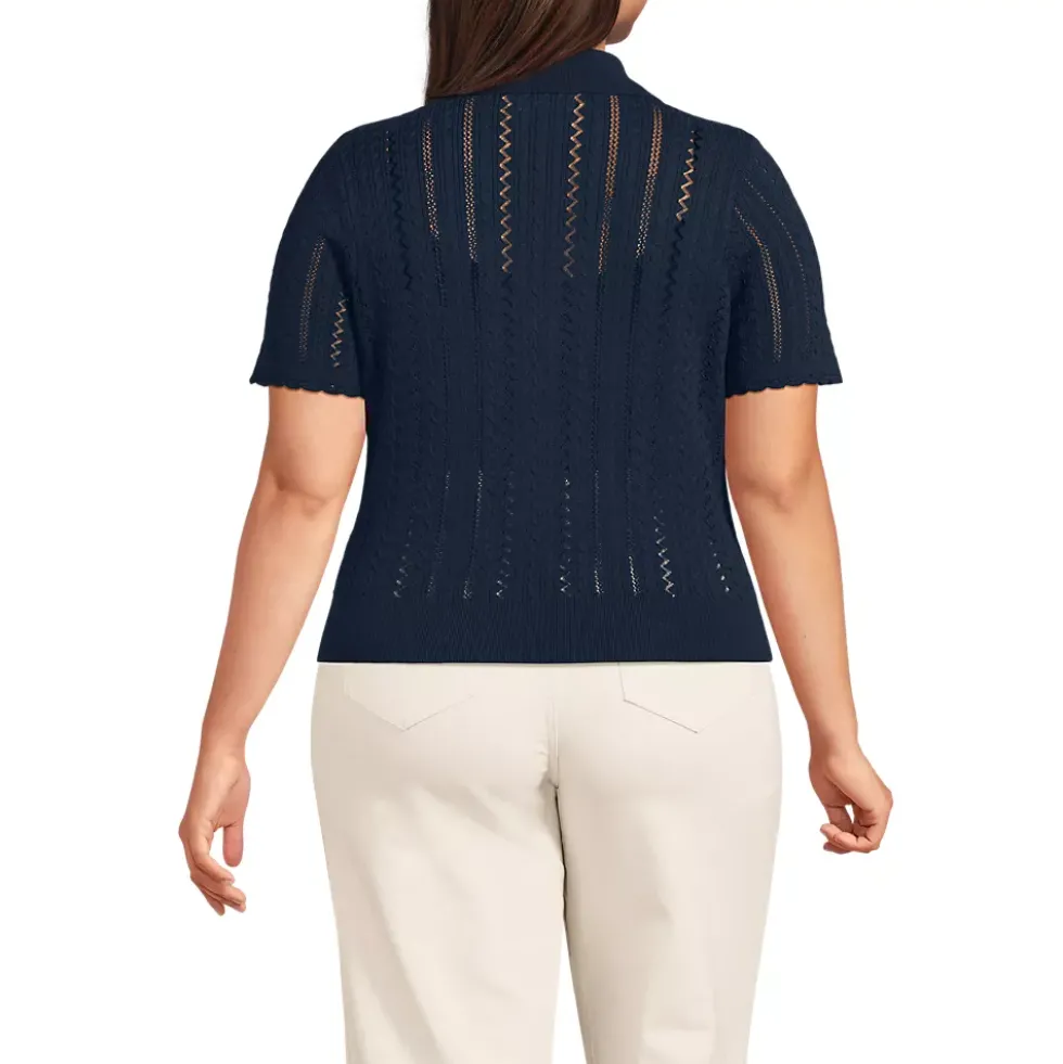 Women's Fine Gauge Cotton Pointelle Polo Sweater