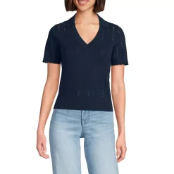 Women's Fine Gauge Cotton Pointelle Polo Sweater