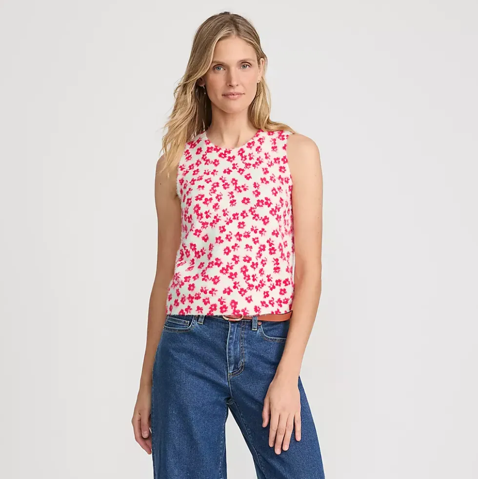 Women's Fine Gauge Eyelash Printed Sleeveless Sweater - Set Top