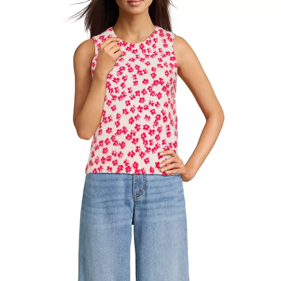 Women's Fine Gauge Eyelash Printed Sleeveless Sweater - Set Top