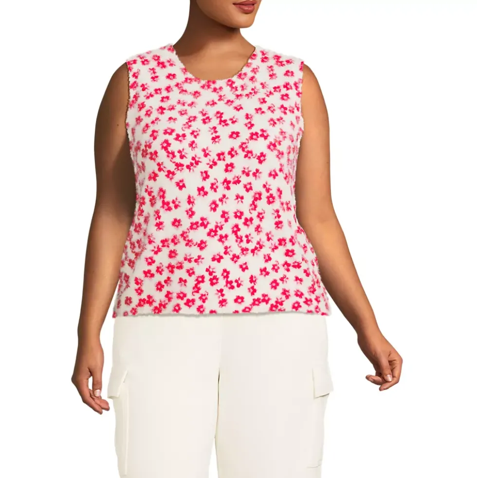 Women's Fine Gauge Eyelash Printed Sleeveless Sweater - Set Top