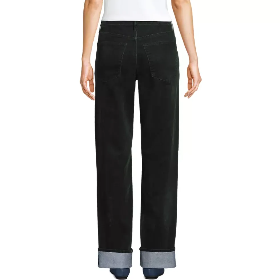 Women's Flocked Denim Mid Rise Relaxed Straight Leg Cuff Jeans