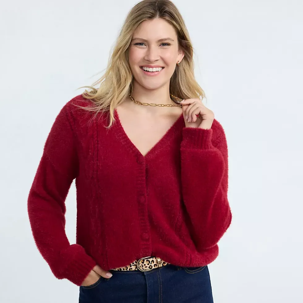 Women's Fuzzy Eyelash Cable Cardigan Sweater