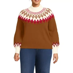 Women's Fuzzy Turtleneck Lantern Sleeve Jacquard Sweater