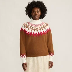 Women's Fuzzy Turtleneck Lantern Sleeve Jacquard Sweater