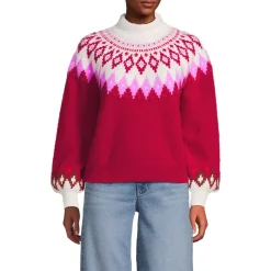 Women's Fuzzy Turtleneck Lantern Sleeve Jacquard Sweater