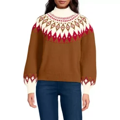 Women's Fuzzy Turtleneck Lantern Sleeve Jacquard Sweater