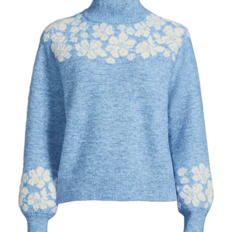 Women's Fuzzy Turtleneck Lantern Sleeve Jacquard Sweater