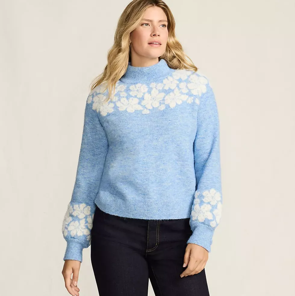 Women's Fuzzy Turtleneck Lantern Sleeve Jacquard Sweater