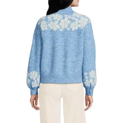 Women's Fuzzy Turtleneck Lantern Sleeve Jacquard Sweater