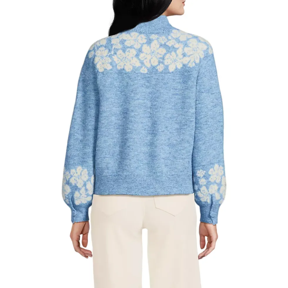 Women's Fuzzy Turtleneck Lantern Sleeve Jacquard Sweater