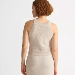 Women's Gassed Cotton Pointelle Halter Top Sweater Set Top