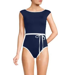 Women's High Neck Cap Sleeve Tie Belt One Piece Swimsuit