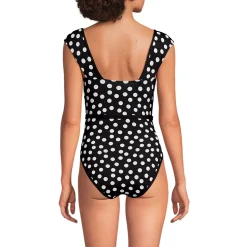 Women's High Neck Cap Sleeve Tie Belt One Piece Swimsuit