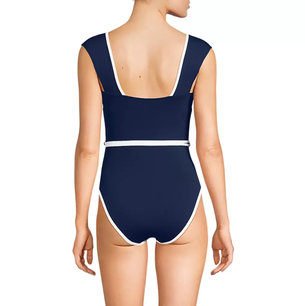 Women's High Neck Cap Sleeve Tie Belt One Piece Swimsuit