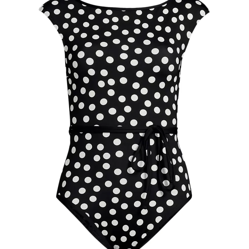 Women's High Neck Cap Sleeve Tie Belt One Piece Swimsuit