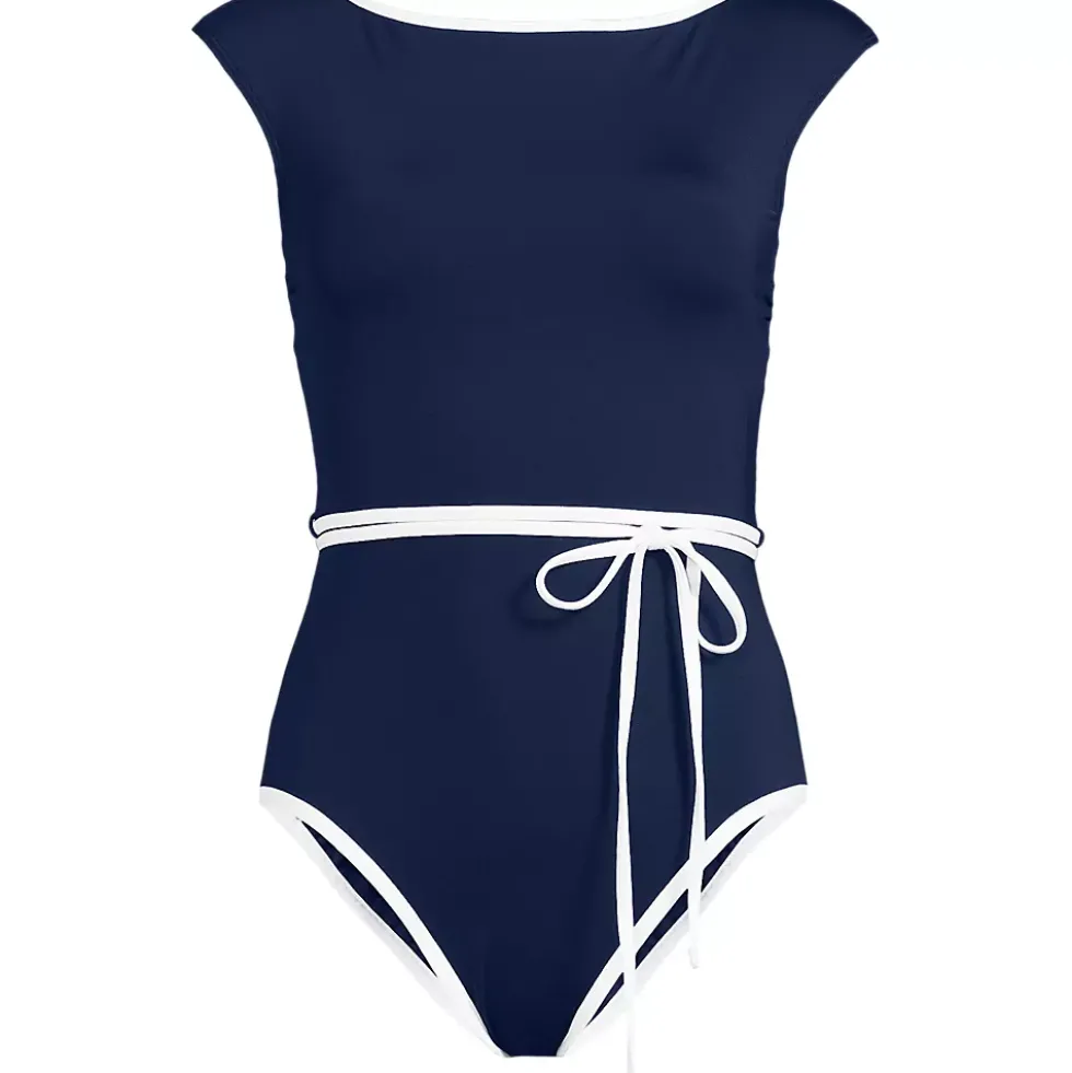 Women's High Neck Cap Sleeve Tie Belt One Piece Swimsuit
