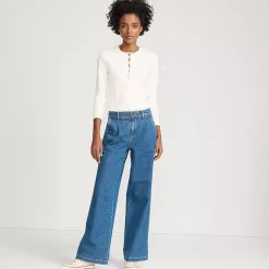 Women's High Rise Soft Denim Pleated Wide Leg Trousers