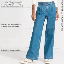 Women's High Rise Soft Denim Pleated Wide Leg Trousers