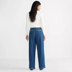 Women's High Rise Soft Denim Pleated Wide Leg Trousers