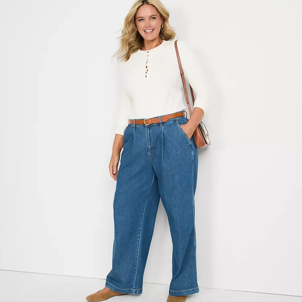 Women's High Rise Soft Denim Pleated Wide Leg Trousers