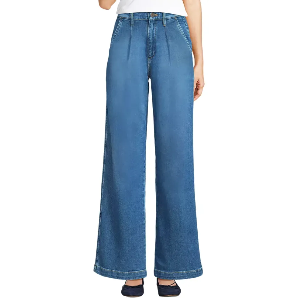 Women's High Rise Soft Denim Pleated Wide Leg Trousers