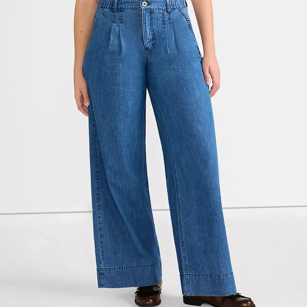 Women's High Rise Wide Leg Double Pleated Denim Trousers