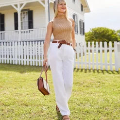 Women's High Rise Wide Leg Linen Pleated Pants