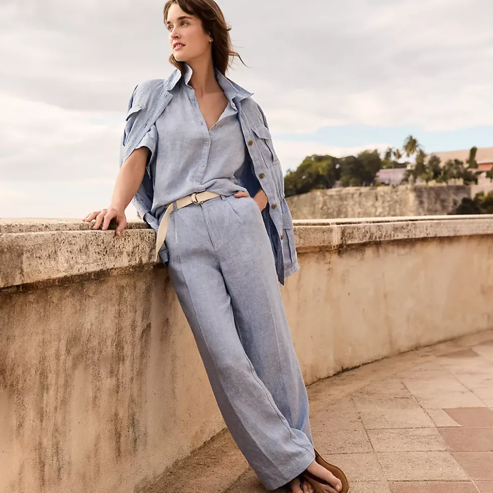 Women's High Rise Wide Leg Linen Pleated Pants
