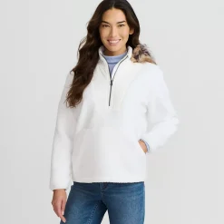 Women's Hooded Half Zip Faux Fur Sherpa Fleece Pullover