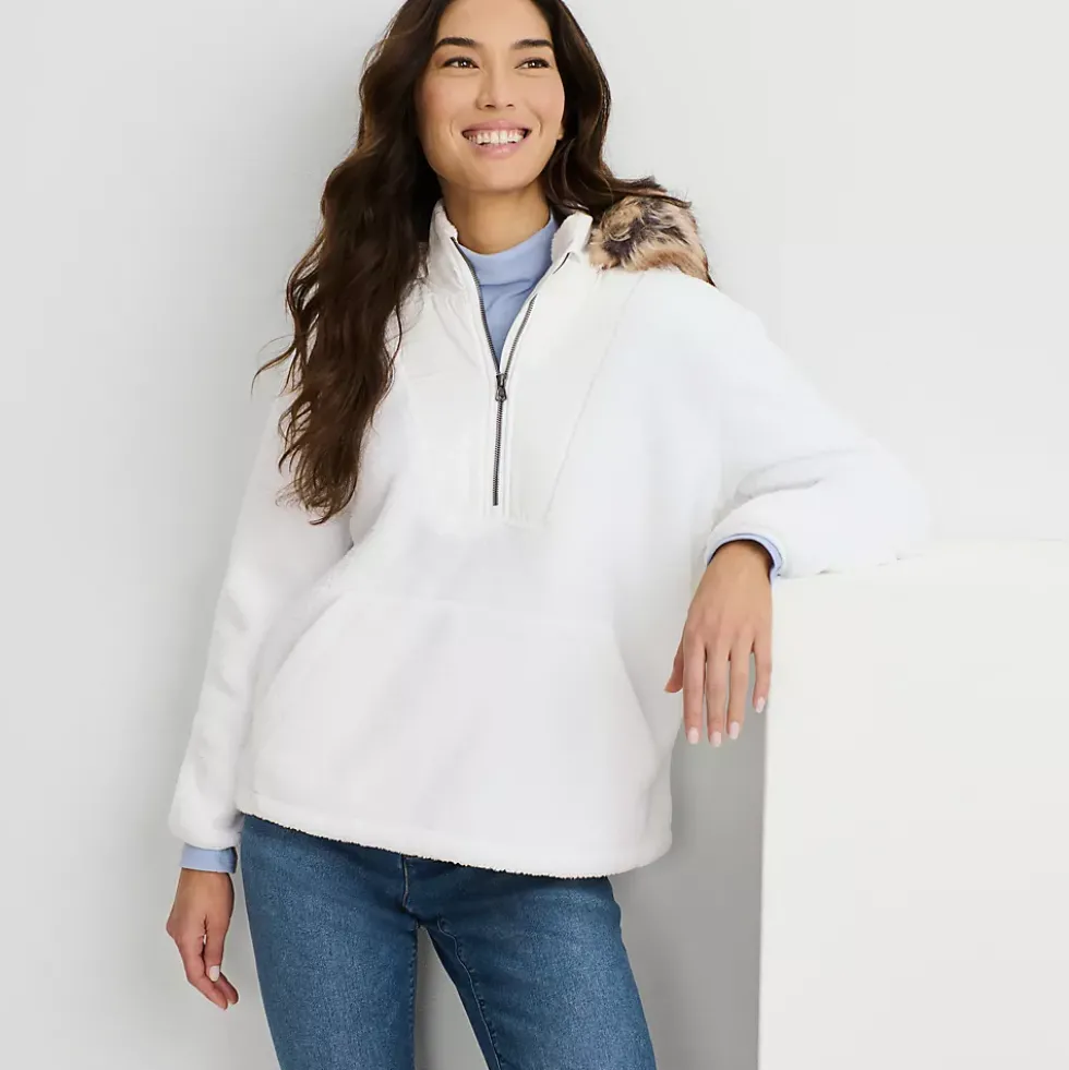 Women's Hooded Half Zip Faux Fur Sherpa Fleece Pullover