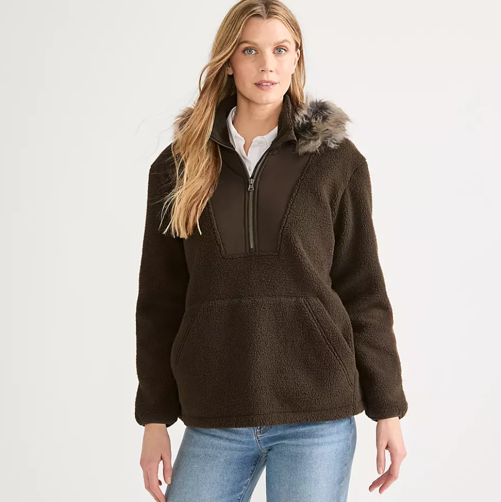 Women's Hooded Half Zip Faux Fur Sherpa Fleece Pullover