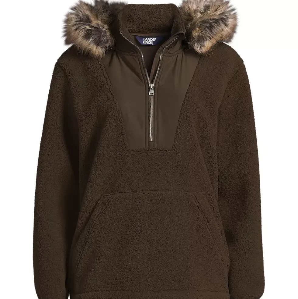 Women's Hooded Half Zip Faux Fur Sherpa Fleece Pullover