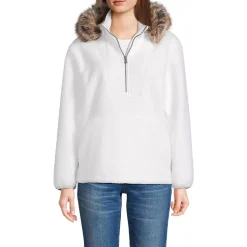 Women's Hooded Half Zip Faux Fur Sherpa Fleece Pullover
