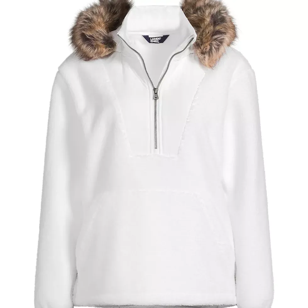 Women's Hooded Half Zip Faux Fur Sherpa Fleece Pullover
