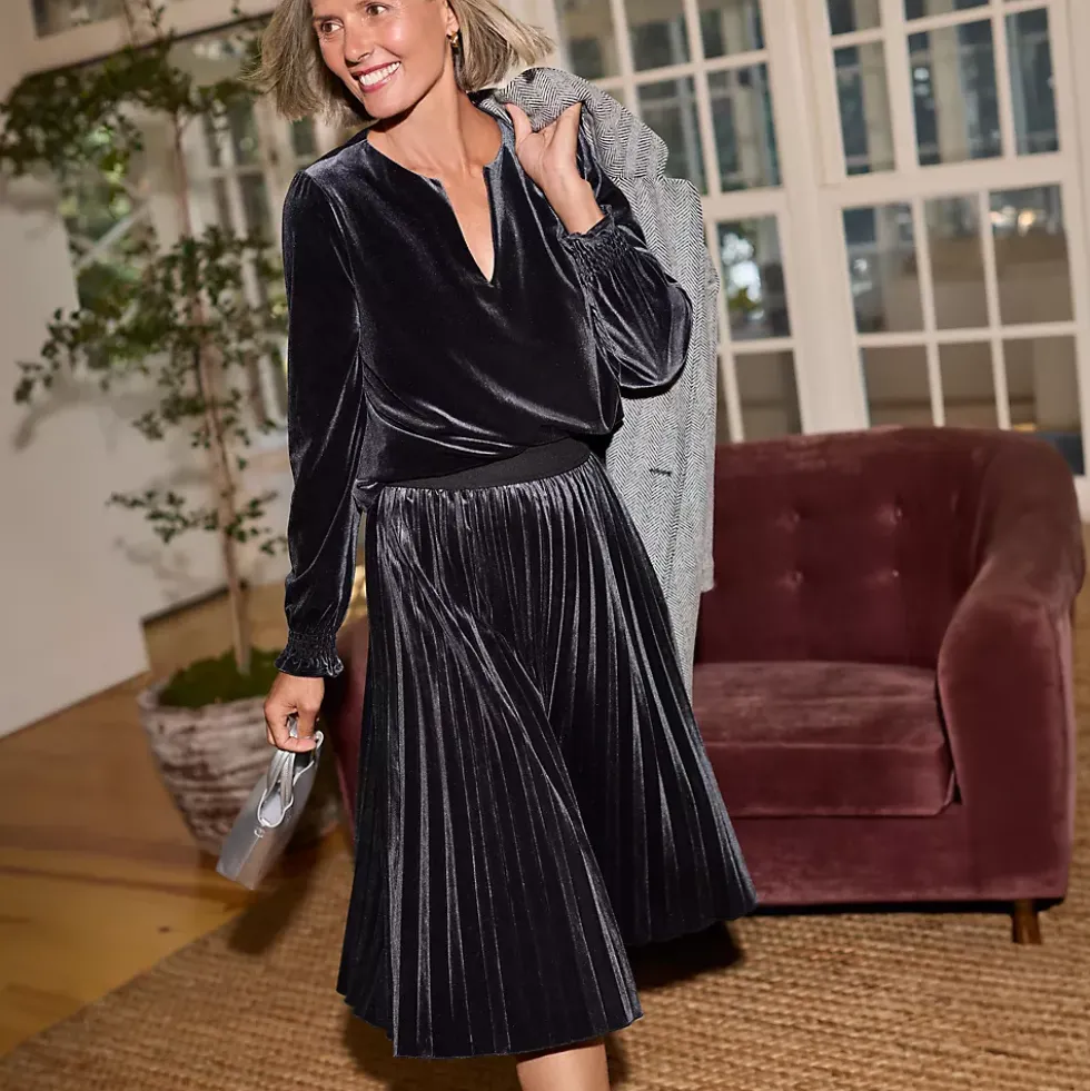 Women's Knit Velvet Pleated Midi Skirt