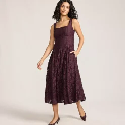 Women's Lace Pleated Square Neck Midi Dress