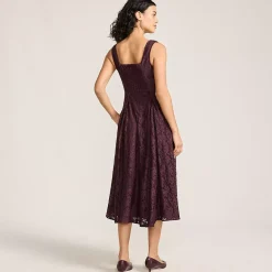 Women's Lace Pleated Square Neck Midi Dress