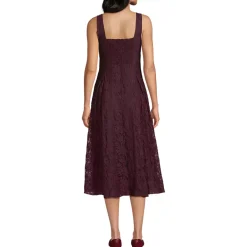 Women's Lace Pleated Square Neck Midi Dress