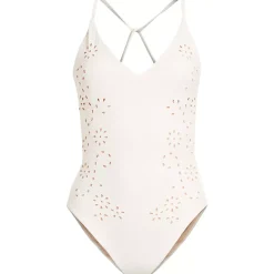 Women's Laser Cut Embroidered Plunge Tie Back Ultra High Leg One Piece Swimsuit
