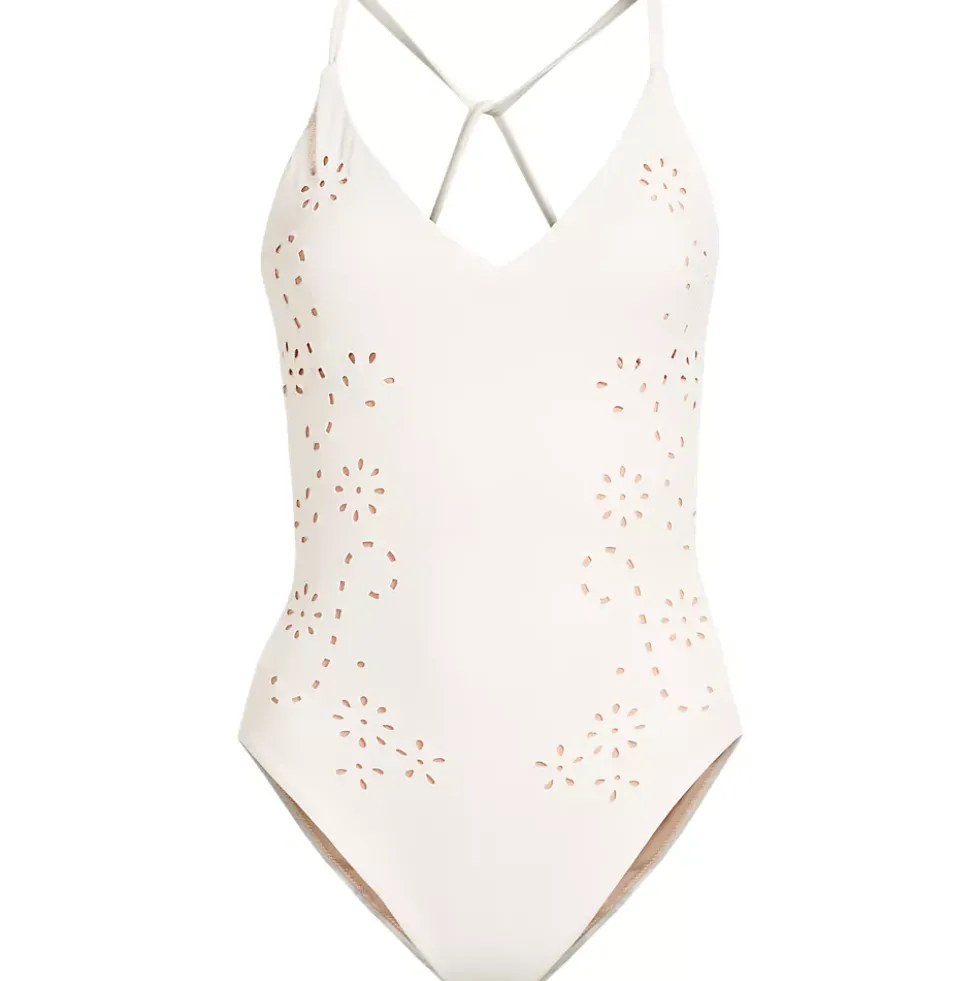 Women's Laser Cut Embroidered Plunge Tie Back Ultra High Leg One Piece Swimsuit