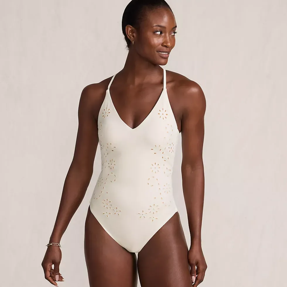 Women's Laser Cut Embroidered Plunge Tie Back Ultra High Leg One Piece Swimsuit