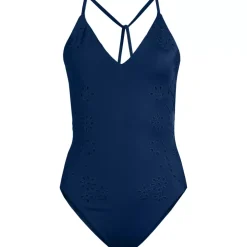 Women's Laser Cut Embroidered Plunge Tie Back Ultra High Leg One Piece Swimsuit